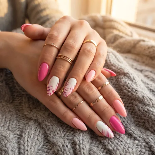 Inspiration nail art rose en dégradé avec motifs blancs façon feuillage